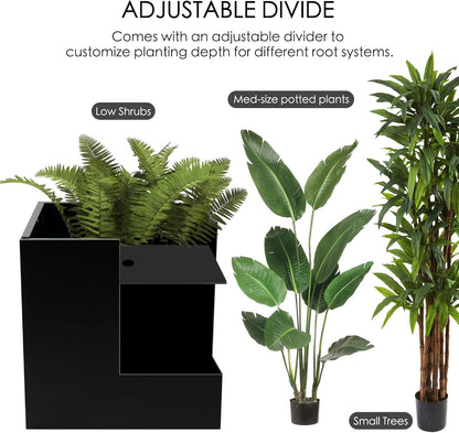 Kozyard 20'' Cube Metal Planter Steel Planter Box Black Steel Flower Pot with Saucer Partition Panel for Trees Plants Flowers Indoor Outdoor Garden Patio Deck Yard