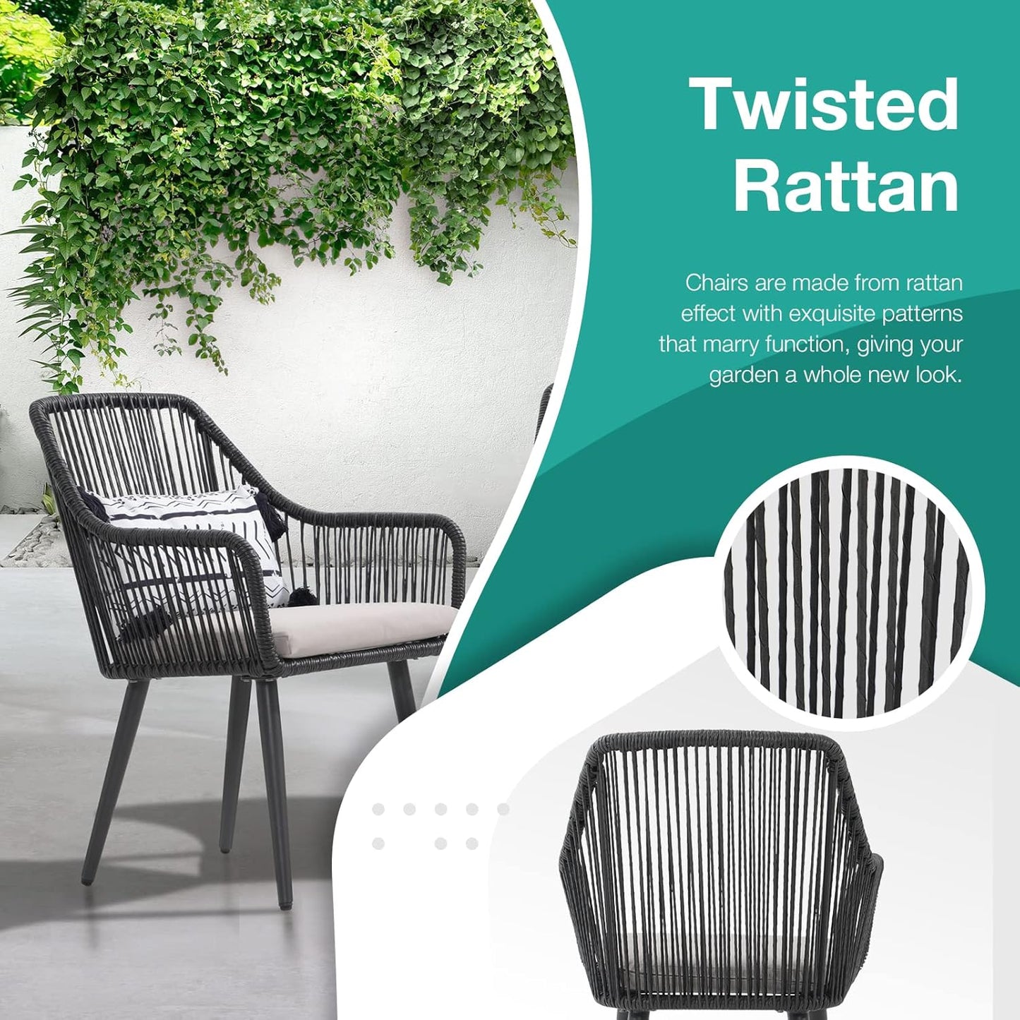 Patiorama Outdoor Dining Chairs, Patio Dining Chair Set of 6, All-Weather Woven Rope Rattan Chairs, Outdoor Dining Wicker Chairs with Armrests for Indoor Balcony Pool Backyard(Black)