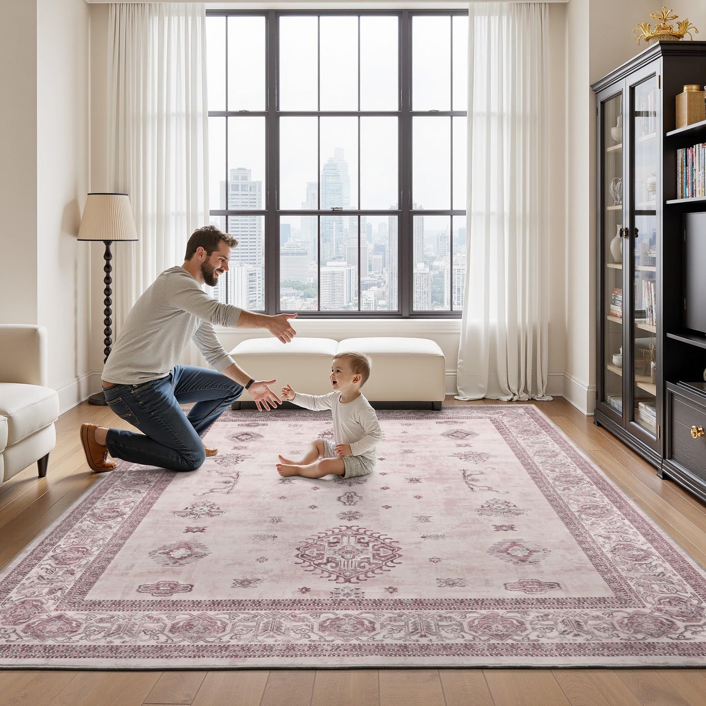 AMOAMI-Vintage Area Rug 6X9 Pink Rugs for Living Room-Soft Living Room Rug Non Slip Rugs for Bedroom Carpet Machine Washable Rug for Dining Room Bedside Office Room Decor