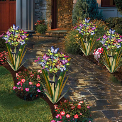 Solar Metal Agave Butterfly Flower Stick Garden Sculpture - Outdoor Gift, Christmas Lights, Swaying Butterfly, Sunflower - Solar Outdoor Statues (3 PCS Light Green)