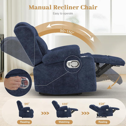 Recliner Chair for Adults, Oversized Fabric Manual Pull Tab Reclining Chair with Cup Holders, Minimalist Style Single Sofa for Living Room, RV (Blue)