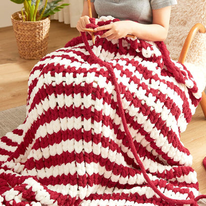 Amélie Home Chunky Knit Blanket Throw, Thick Soft Yarn Chunky Throw 50x60, Handmade Chenille Cable Knitted Crochet Throw Blanket, Warm Rope Knot Blanket for Couch Bed Sofa, Red White Stripe