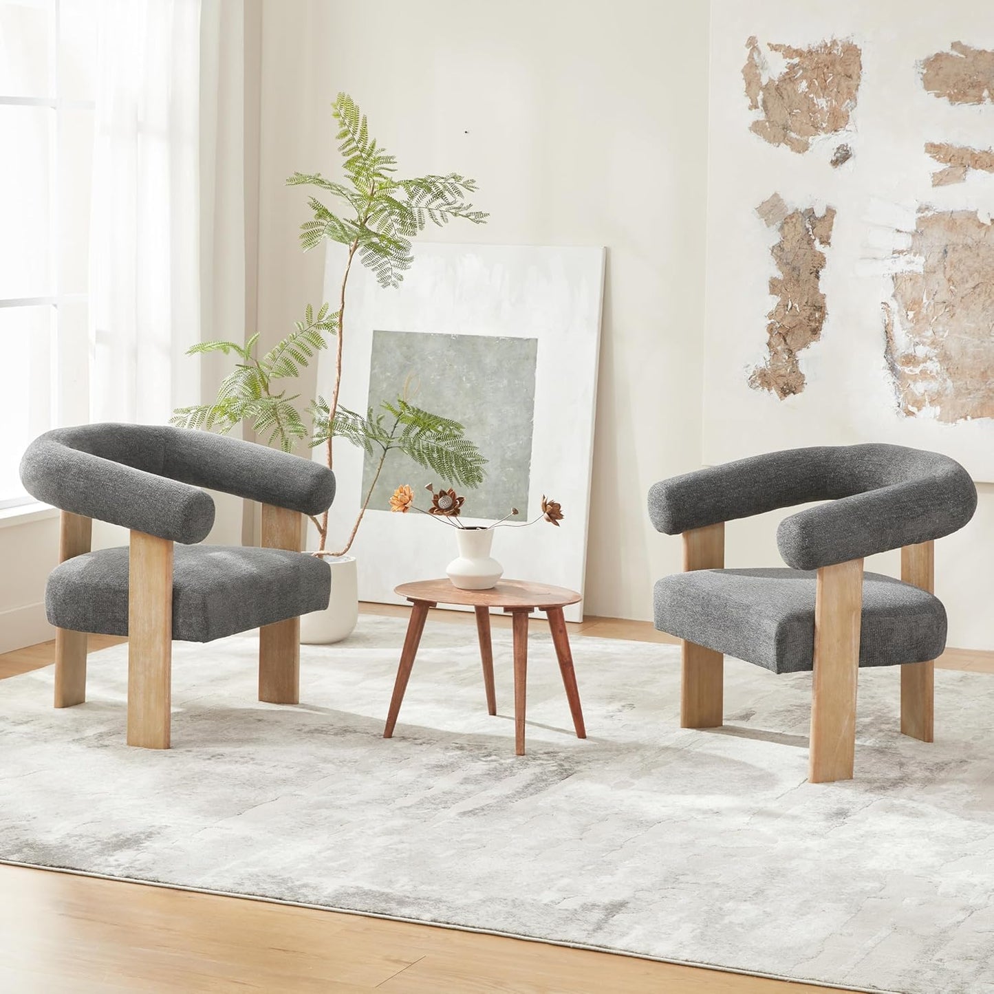 VKNOW Accent Chair Living Room Chair, Modern Upholstered Armchair with Solid Wood Legs, Comfy Barrel Arm Chairs for Living Room Bedroom, Dark Grey