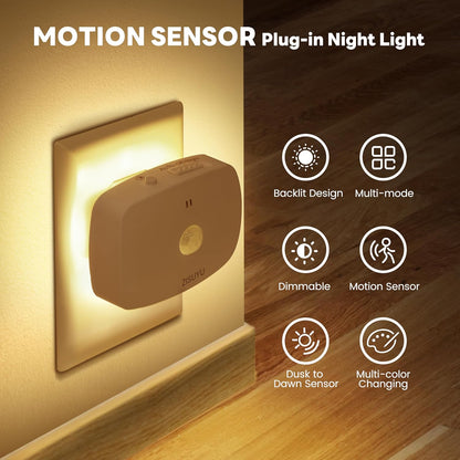 ZISUYU Plug-in LED Backlit Night Light with Motion Sensor & Dusk to Dawn Sensor, 10-60lm Dimmable Nightlight with Multi-Mode & Color-Changing, Ideal for Bedroom, Bathroom, Stairs, Hallway (6 Pack)