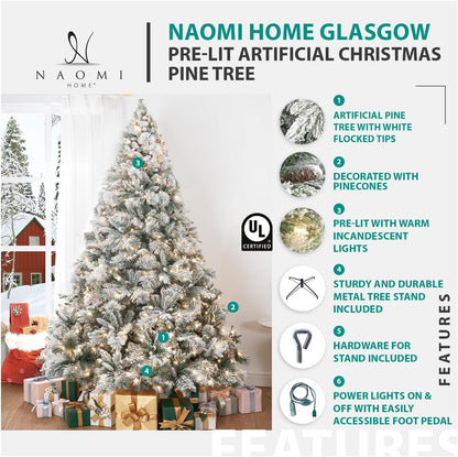 Naomi Home 7.5ft Snow Flocked Christmas Tree with Lights,Realistic Frosted Pine Prelit with Pine Cones, Foot Pedal 1556 Branch Tips, 750 Warm Lights & Metal Stand, Pre Lit Xmas Tree