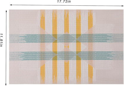 CADONO Placemats Set of 6 Washable Indoor/Outdoor Vinyl Place Mats for Dining Table Durable Non-Slip Heat Resistant PVC Weave Table Mats（Beige Green Cross）
