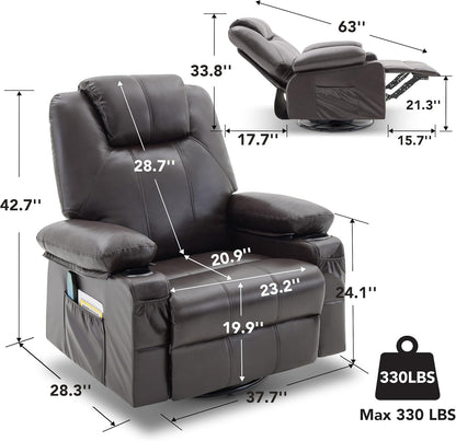 Oversized Swivel Rocker Recliner Chair with Heat and Massage, 360 Degree Swivel Rocking Single Sofa with Cup Holders and USB Port, Large Big Recliner Chair for Living Room (Leather, Brown)