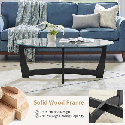 48" Oval Glass Coffee Table with Tempered Glass Top Cross and Solid Wood Base Simple & Modern Center Table for Living Room Office Apartment Black