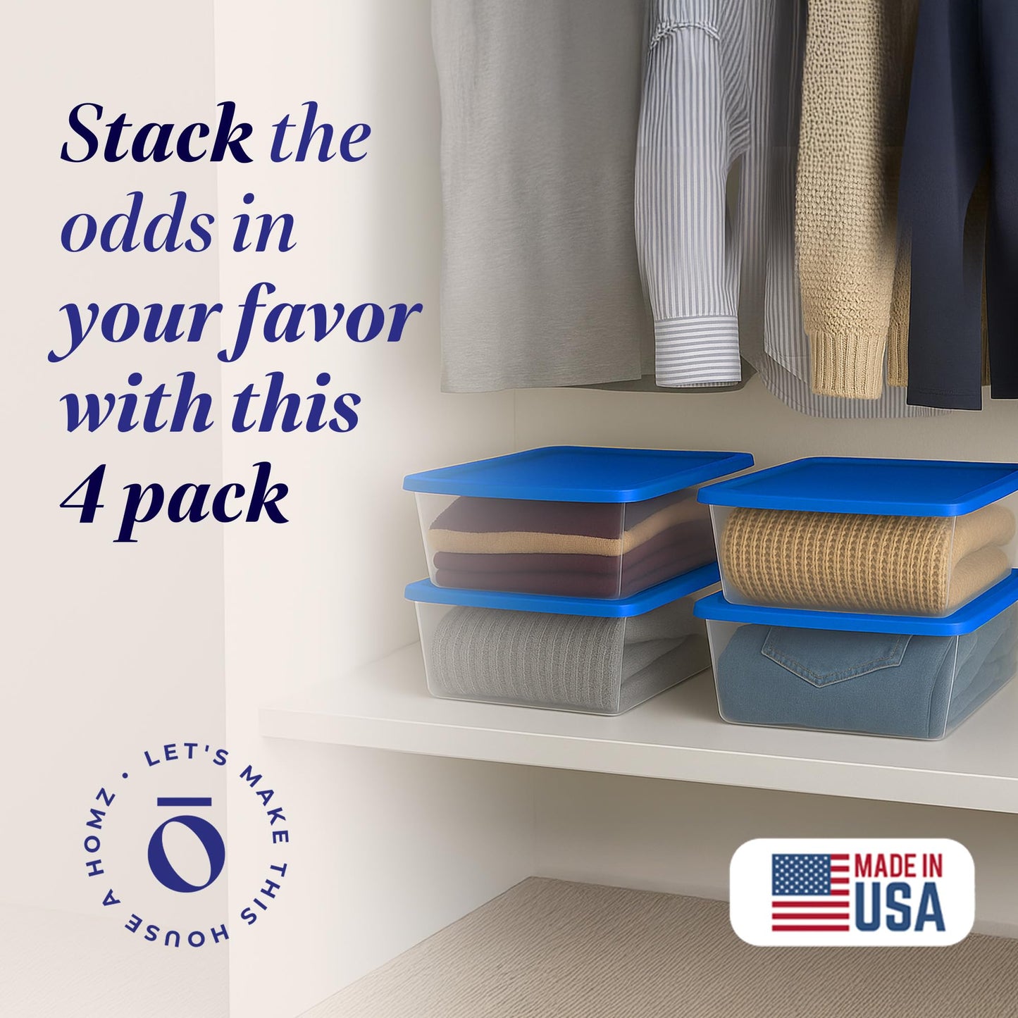 HOMZ 4-Pack Snaplock, Small Clear Plastic Storage Organizer Bins w/Lids, 12 Quart, Blue - Stackable