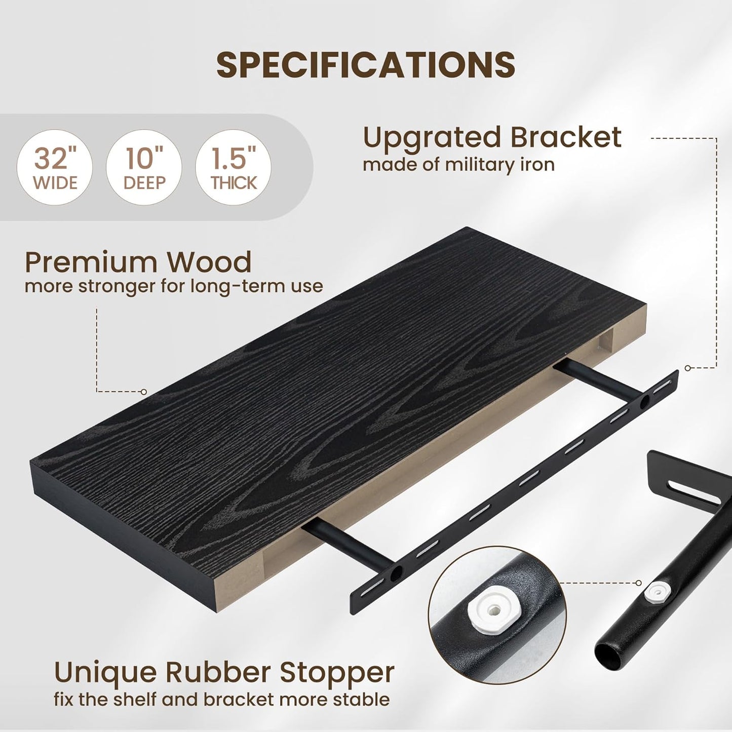 Fun Memories Floating Shelves for Wall, 32 Inch Long Floating Shelves Set of 2, 32 x 10 Wooden Shelves for Wall, Large Storage Shelves, Hanging Shelves for Bathroom Kitchen Bedroom, Black