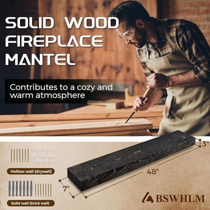 48x7x3 Fireplace Mantel - Solid Rustic Wood - Wall Mounted Floating Shelf with Invisible Heavy Duty Steel Bracket (Weathered Black)