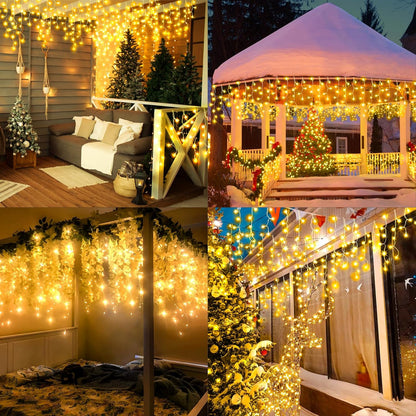 KNONEW Christmas Lights Outdoor Decorations 400 LED 33ft 8 Modes Curtain Fairy String Light with 75 Drops, Clear Wire LED String Light Indoor Decor for Wedding Party Christmas Decorations Warm White