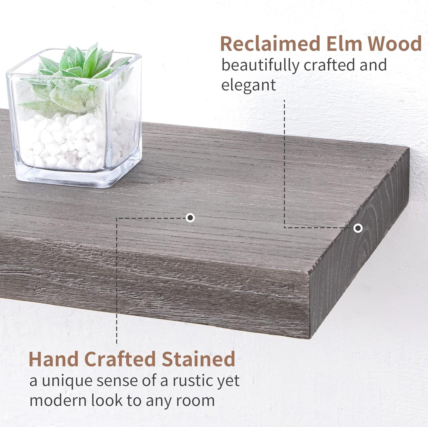 Axeman Floating Shelves for Wall, 8 Inch Deep Rustic Solid Elm Wood Wall Shelves for Storage, Wall Mounted Display Shelving with Invisible Heavy-Duty Metal Bracket, 36'' Width Set of 2, Grey