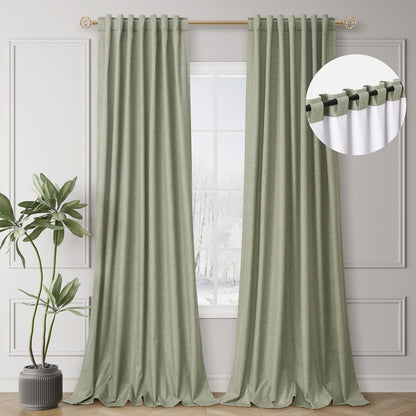 BOODII Sage Green 102 Inch Long Curtains Blackout for Bedroom Thermal Insulated Back Tab 100% Block Out Nursery Curtains 2 Panels Set Modern Aesthetic Linen Curtain Light Heat Blocking Room Darkening