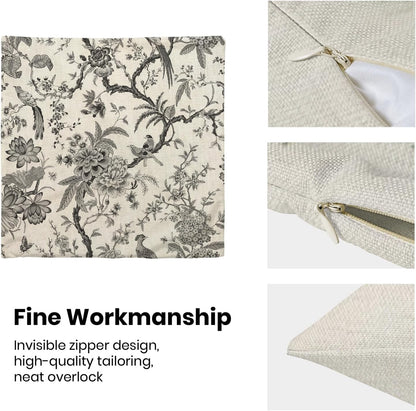 CXMEIFLY Spring Floral Birds Pillow Covers 18 x 18 Inch Set of 2 for Chinoiserie Flowers Decor Throw Pillows Black and White Plant Outdoor Decorative Cushion Cases for Couch Bed Decorations