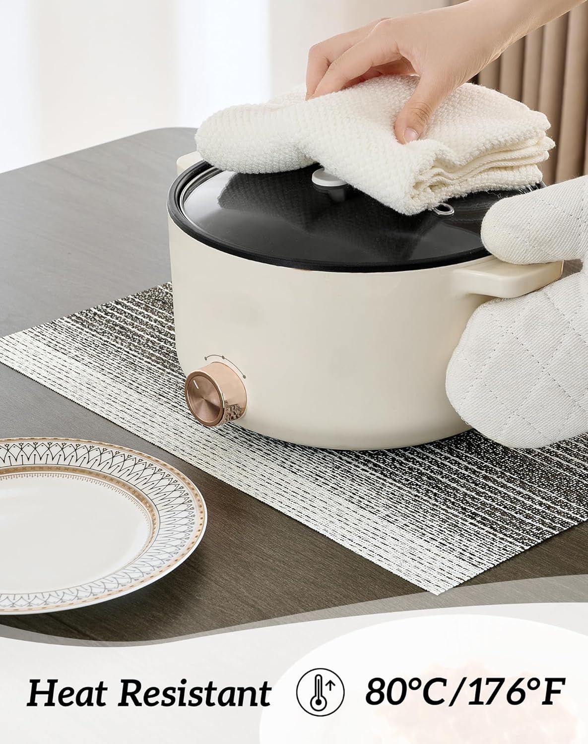 Leetaltree Black with White Woven Placemats Set of 12 - Heat Resistant Non-Slip Place mats for Dining Table, Washable Durable PVC Vinyl Woven Table Mats(Black with White, 12)