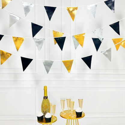 Black Gold Silver Party Decoration Triangle Pennant Banner Flag Metallic Fabric Bunting Garland for Birthday Graduation Anniversary Wedding Bridal Shower Bachelorette Engagement Disco Party Supplies