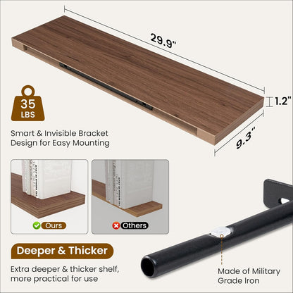 Fun Memories Floating Shelves for Wall, 30 Inch Rustic Wood Wall Mounted Shelves for Bathroom, Bedroom, Kitchen, Living Room, Deep Floating Shelves for Storage & Home Decor (Walnut, Set of 2)