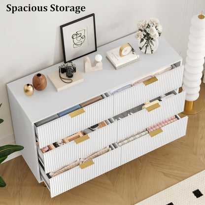 GarveeHome Fluted Wood 6 Drawers Dresser for Bedroom, Large Modern Chest of Drawers, White Dresser with Gold Handle, Wood Drawer Organizer for Bedroom, Living Room, Hallway, Entryway