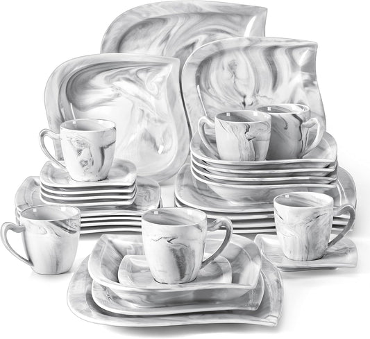 MALACASA Marble Grey Dinnerware Sets, 30-Piece Porcelain Dinnerware Set, Modern Plates and Bowls Set with Dinner Plate, Dessert Plate and Salad Pasta Bowl, Cup and Saucer, Service for 6, Series Elvira