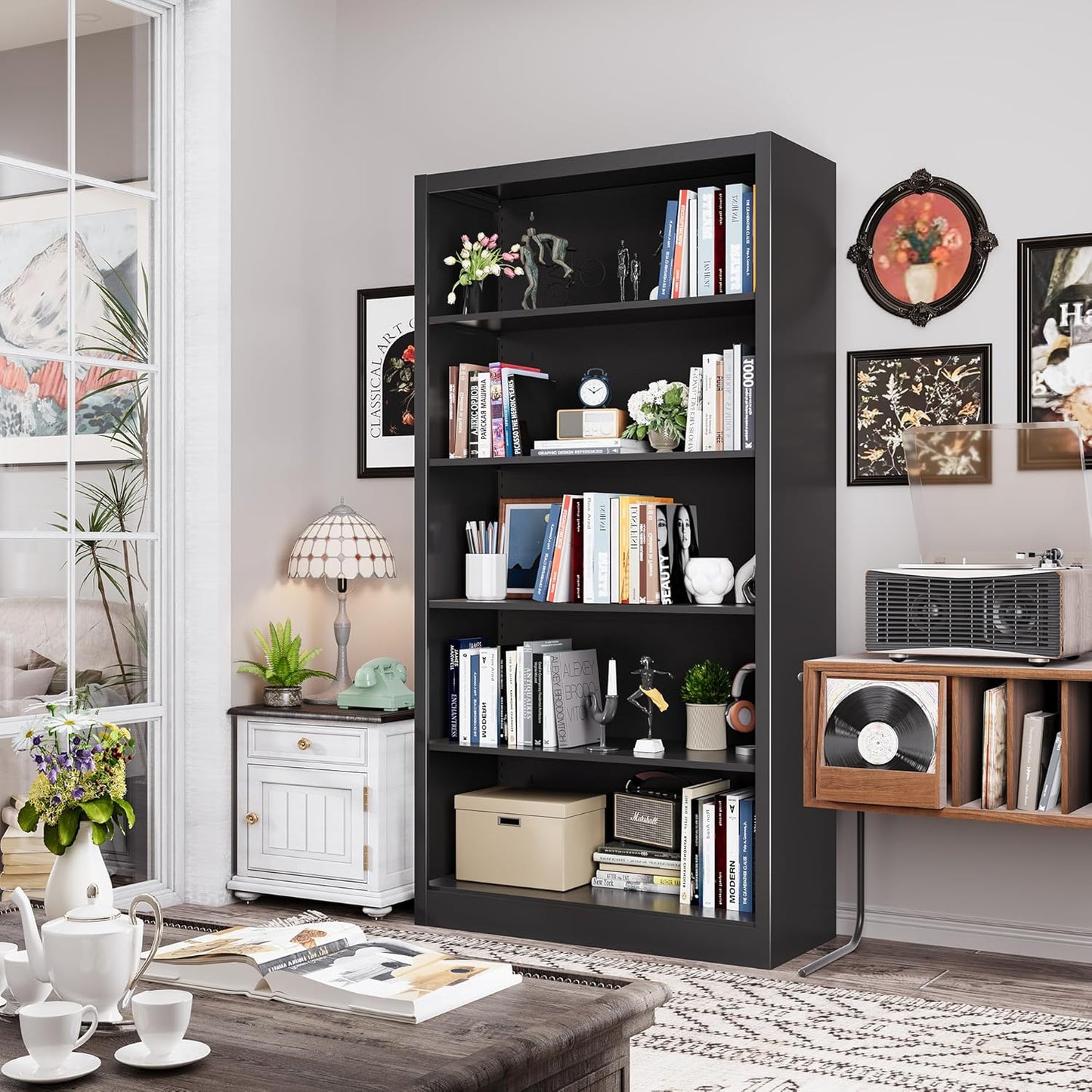 Book Shelf, 14" Deep Bookshelves Cases for Books, Garage Kit, CDs, 66" Tall Bookcase for Home Office Library Living Room, 5 Tier Bookshelf with Adjustable Shelves, Black Book Cases