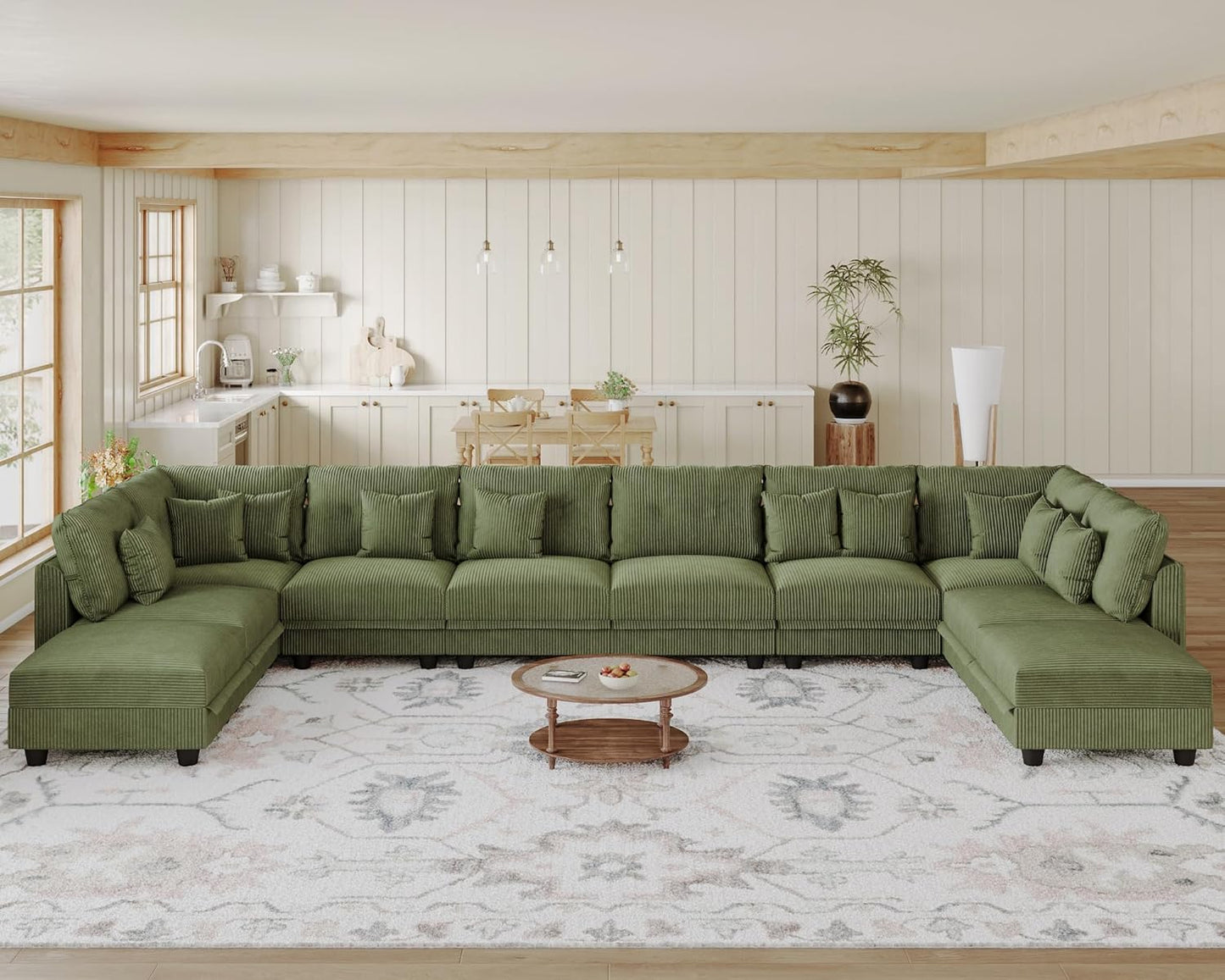 LLappuil Modular Sectional Sofa with Storage Seats, Corduroy Convertible Modular U Shaped Sectional Couch for Living Room, 10 Seat Oversized Sofa with 10 Back Cushion 10 Throw Pillow, Green