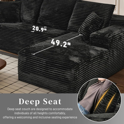 Modular Sectional Sofa Cloud Sectional Couch, 107" Comfy Fluffy L Shaped Black Couches for Living Room, Deep Seat Memory Foam Plush Corduroy Boneless Couch Sectionals with Right Facing Chaise Sofa
