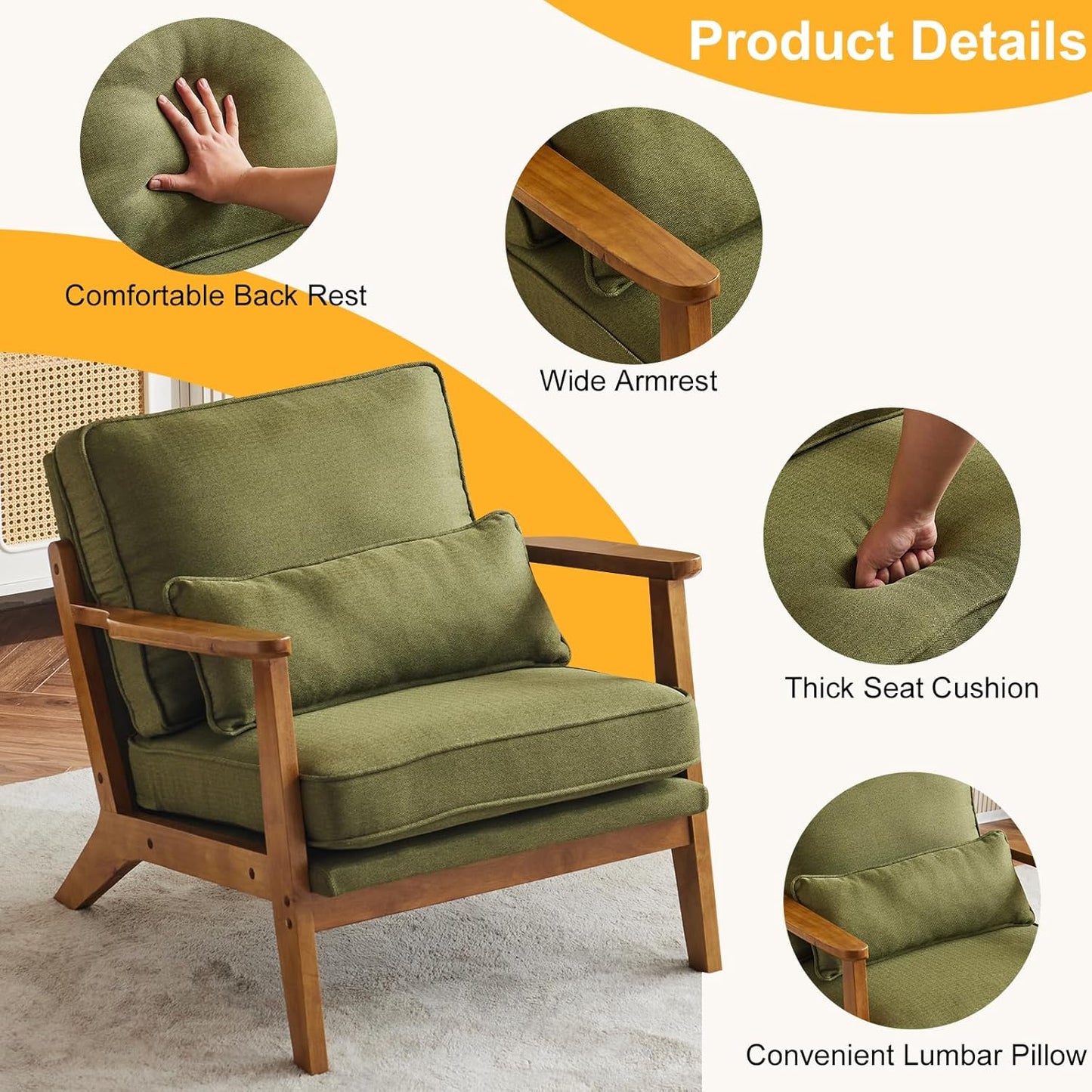 Karl home Accent Chair Wide Armrest Mid-Century Lounge Chair Linen Fabric Armchair with Lumbar Pillow & Solid Wood Frame for Living Room, Bedroom, Balcony, Green