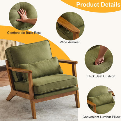 Karl home Accent Chair Wide Armrest Mid-Century Lounge Chair Linen Fabric Armchair with Lumbar Pillow & Solid Wood Frame for Living Room, Bedroom, Balcony, Green