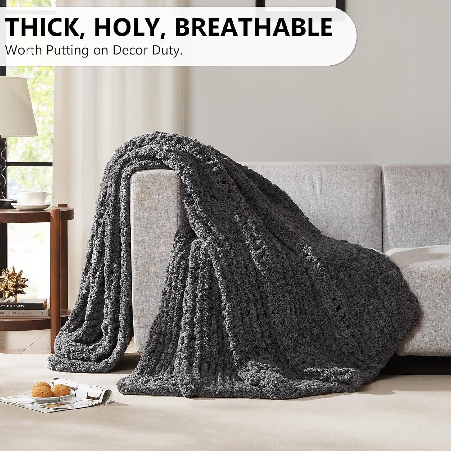 L'AGRATY Chunky Knit Blanket Throw: 80''x90'' Chenille Chunky Knitted Throw Blanket for Bed Couch - Handmade Thick Big Cable Knit Blanket - Large Chunky Crochet Blanket for Home Decor(Dark Grey)