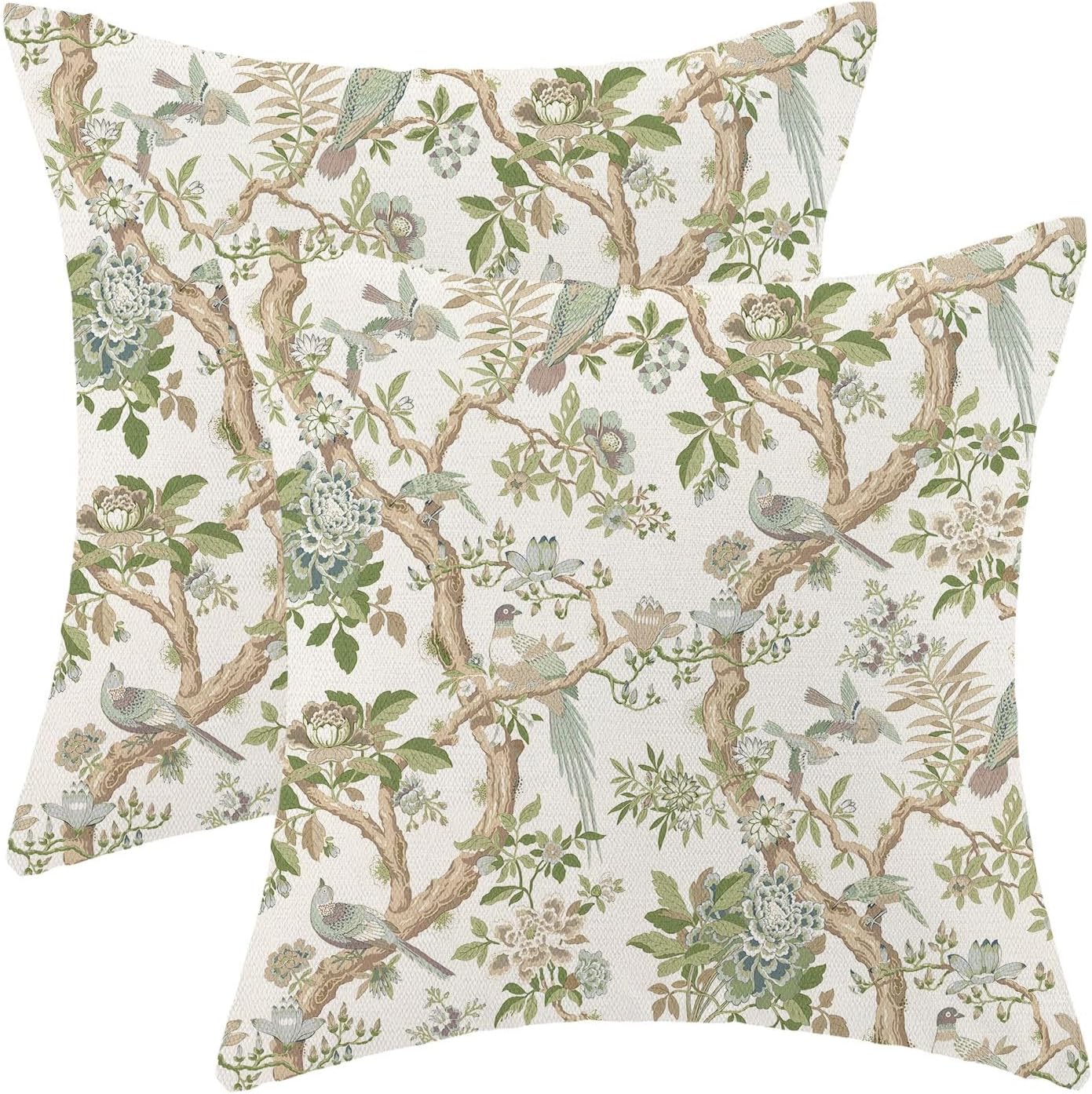 CXMEIFLY Chinoiserie Spring Pillow Covers 18 x 18 Inch Set of 2 for Sage Green Blue Vintage Flowers Bird Decor Throw Pillows Plant Farmhouse Outdoor Decorative Cushion Cases for Couch Bed Decorations