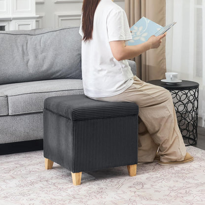 Adeco 18 Inch High Faux Fur Grey Cube Ottoman Storage, Fluffy Striped Velvet Chair Foot Stools, Small Bench Upholstered Vanity Stool with Hinged Lid, Solid Wood Legs