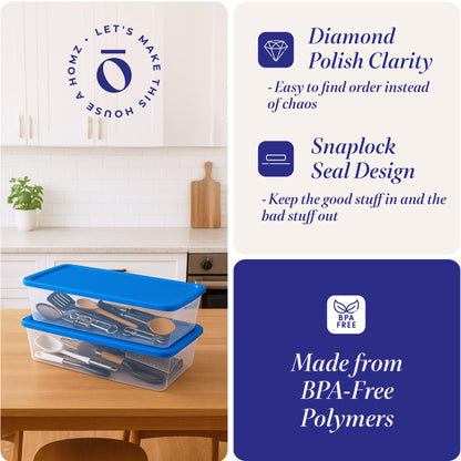 HOMZ 2-Pack Snaplock, Large Clear Plastic Storage Organizer Bins w/Lids, 41 Quart, Blue - Stackable