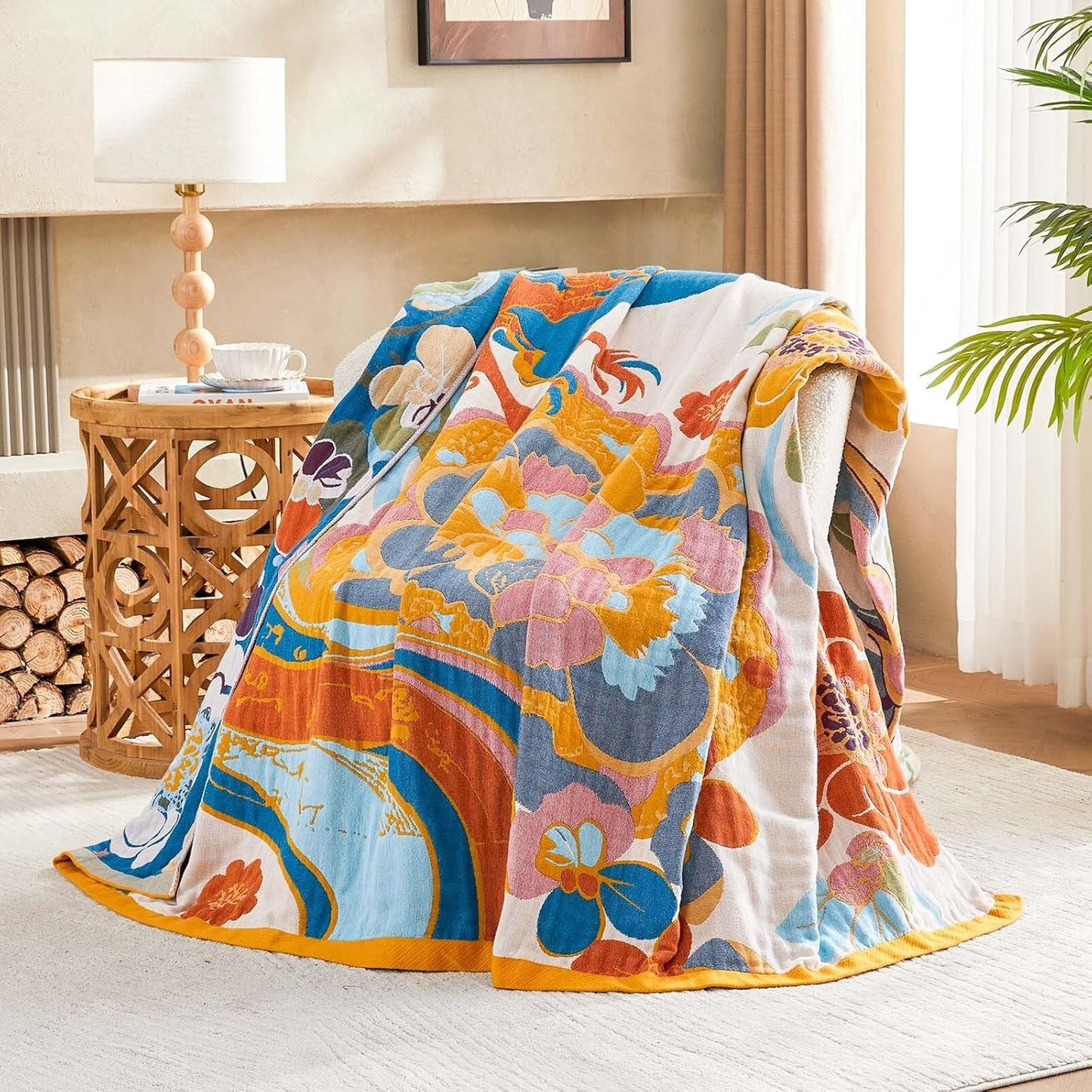 Boho Throw Blanket, Lightweight Blankets for Summer, 100% Cotton Bohemian Decorative Throw Blanket, 60"x80" Reversible Muslin Breathable Woven Farmhouse Blankets Quilt,