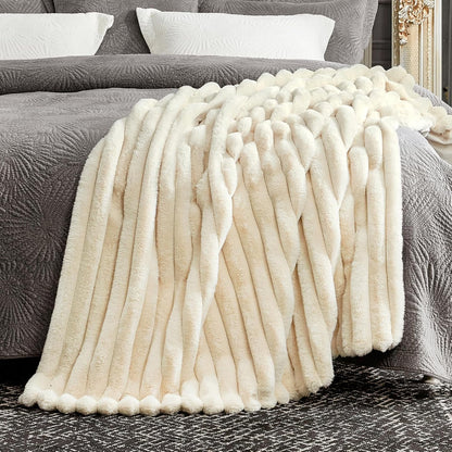 Cozy Bliss Faux Fur Throw Blanket for Couch, Cozy Warm Plush Striped Blanket for Sofa Bedroom Living Room,50 * 60 Inches Beige