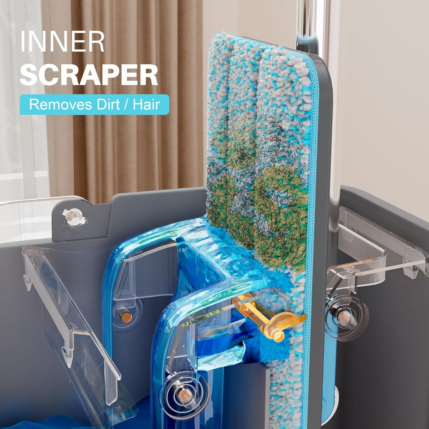 JOYMOOP Mop and Bucket Set with Wringer, with 5 Reusable Microfiber Mop Pads, Mops for Floor Cleaning and Wall Cleaning, Hands-Free Flat Mop for Home Use - Grey+Cyan Blue