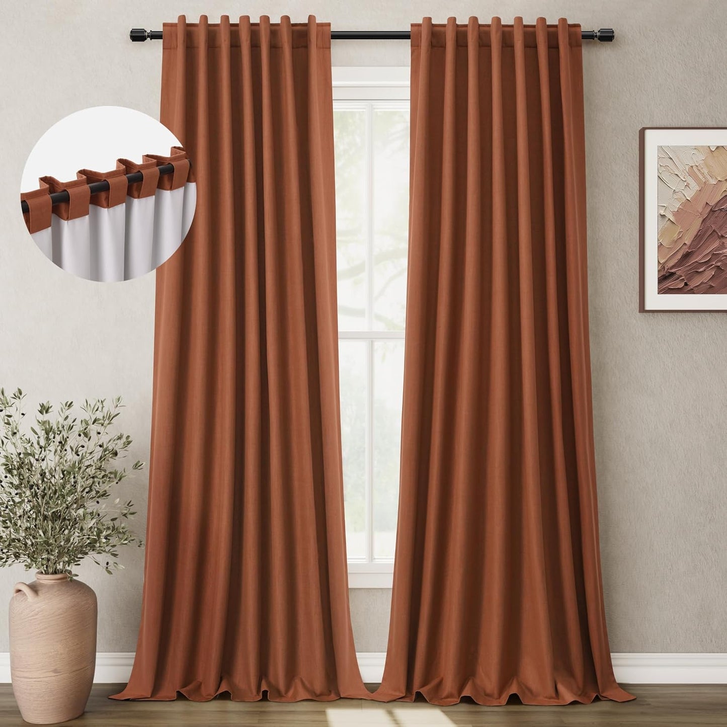 BOODII Terracotta 120 Inch Long Blackout Curtains for Living Room Linen Blend Back Tab Neutral Modern Room Darkening Curtains Thermal Insulated Black Out Curtain for High French Window Burnt Orange