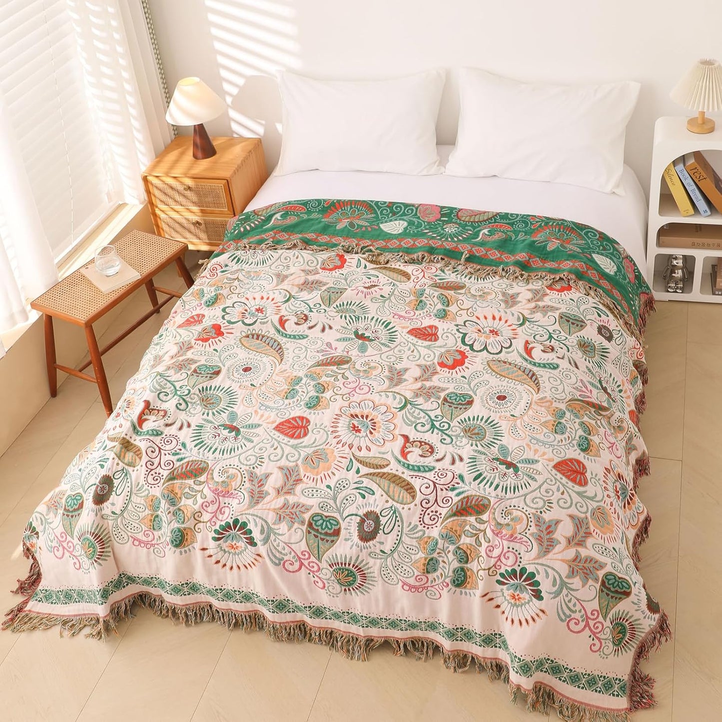 Snycler Cotton Bed Throw with Tassels, Double-Sided Bohemian Spring Flowers Plants Throws for Sofas, 60x80 inch Woven Warm Blanket for Single Sofa, Bedspread and Settee Couch Travel Green