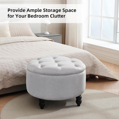 Fabric Round Ottoman with Storage, Upholstered Tufted Storage Footstool, Modern Wooden Coffee Table for Living Room, Bedroom,Light Grey