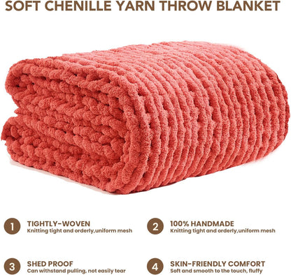 L'AGRATY Chunky Knit Blanket Throw: 50''x60'' Chenille Chunky Knitted Throw Blankets for Bed Couch - Handmade Thick Cable Knit Blanket - Large Crochet Rope Blankets for Home Decor(Coral Pink)