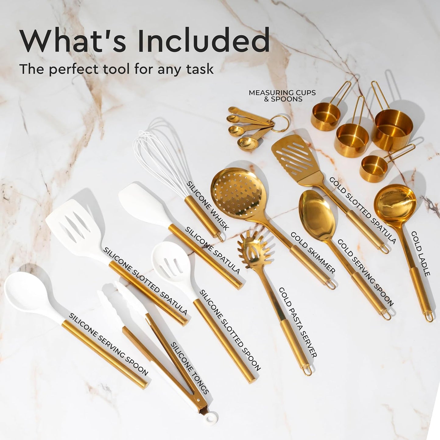 Gold Kitchen Utensils Set - 19-Piece Set Includes Stainless Steel Gold Utensils, White Silicone Tools, and Measuring Cups and Spoons - Luxury Kitchen Accessories for Modern Cooking, Serving, & Gifting