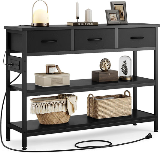 Lulive Entryway Table with Power Outlets, Console Table with 3 Fabric Drawers, Sofa Table for