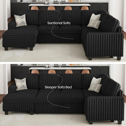 Belffin Corduroy Sleeper Sofa Bed with Storage Chaise Modular Sectional Sofa Couch with Pull Out Bed L Shaped Sectional Couches for Living Room Black Couch