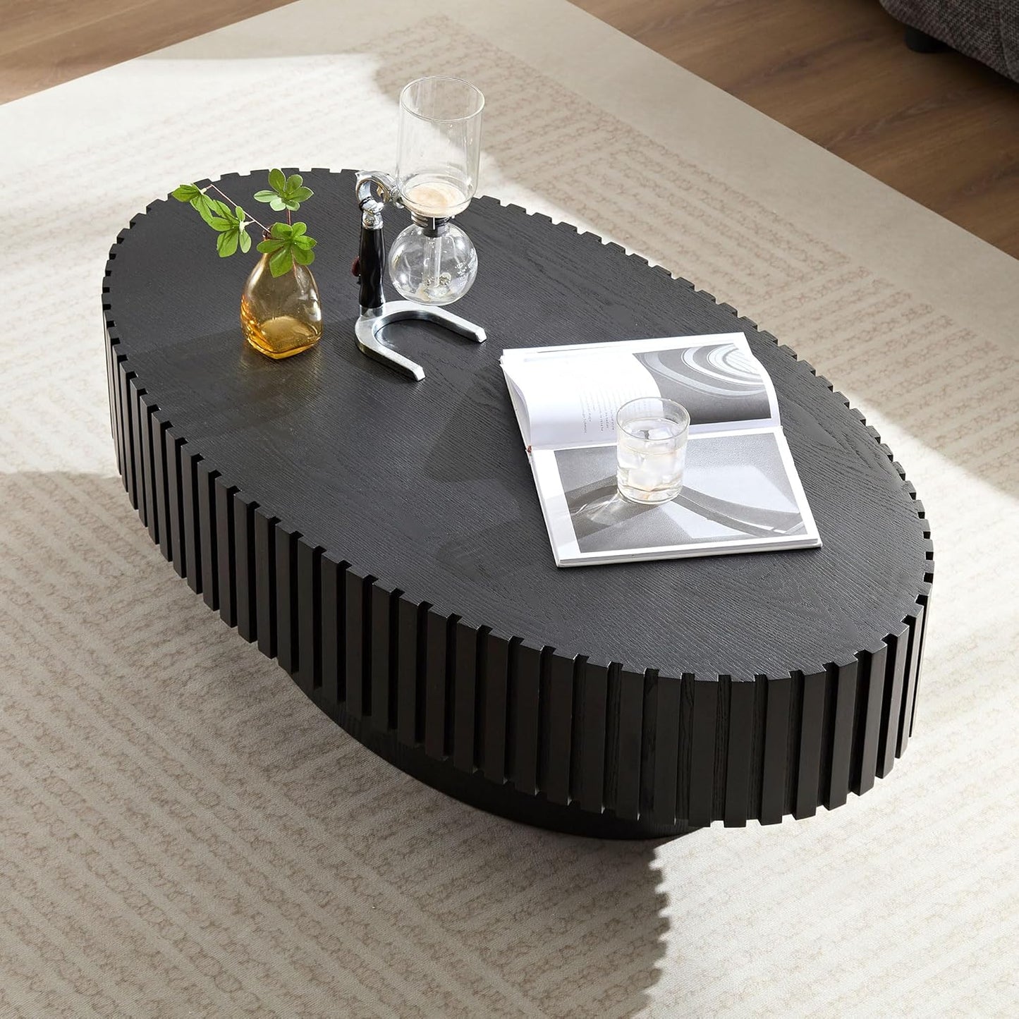 Oval Coffee Table for Living Room, Modern Fluted Coffee Tables with Pedestal Base, Handcrafted Centre Tea Tables Easy Assembly-43.7" Black