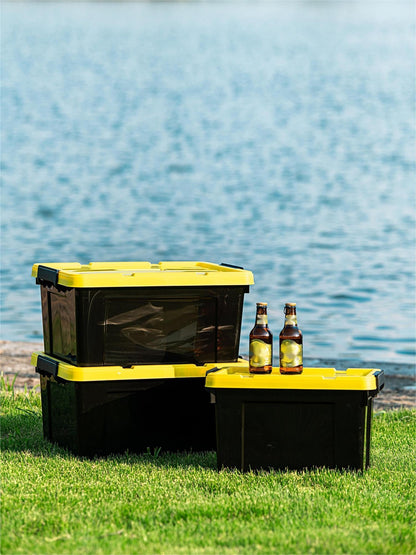 Cetomo 72Qt*4 Plastic Storage Bins, Tote Storage Box with Handle, Stackable, Black and Yellow