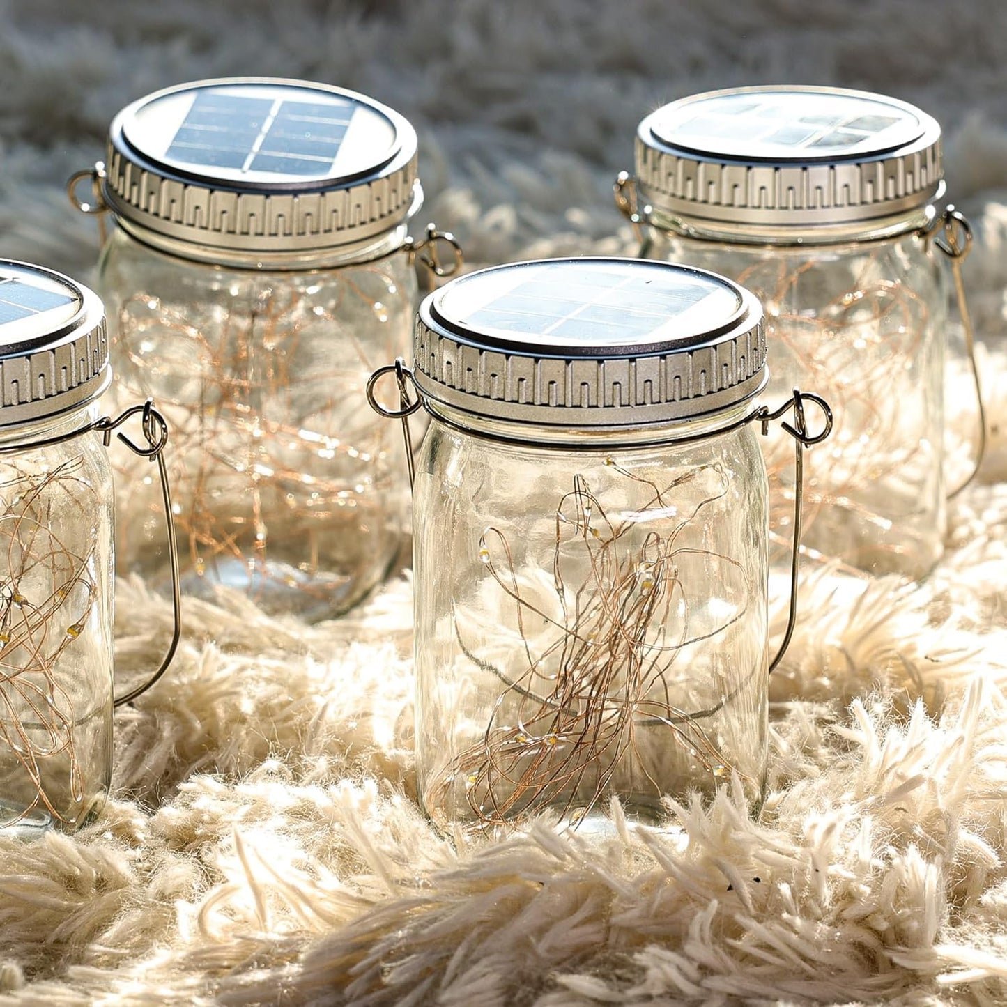 Cooo 6 Pack Solar Lanterns Outdoor Waterproof Upgraded Crystal Glass Solar Mason Jar Lights 30 LED 215% Larger SolarPanel, Anti-Rust Lid Hanging Outdoor Lanterns for Patio Garden Porch