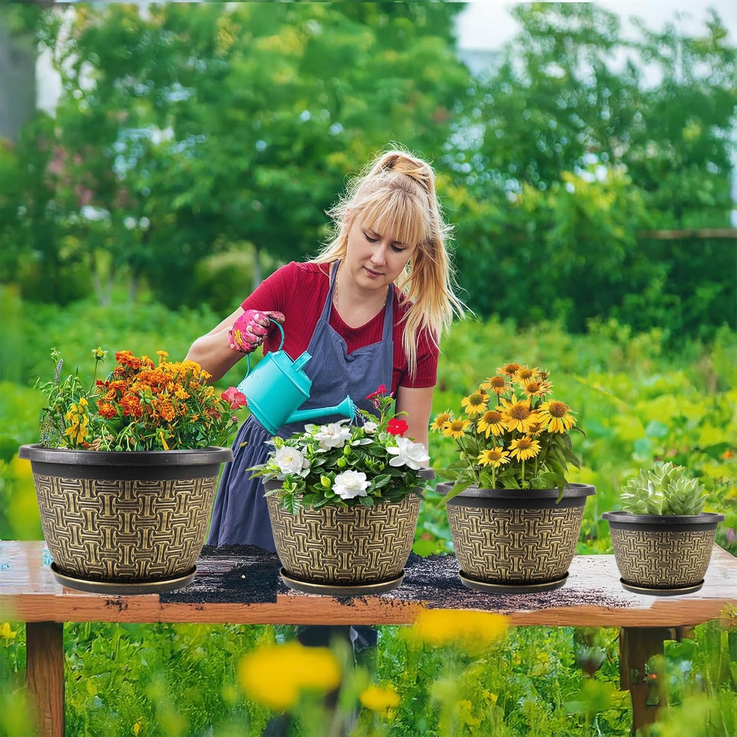 10 Inch Plant Pots, 4 Pack Flower Pots Outdoor with Drainage Holes & Trays, Retro Antique Imitation Decorative Garden Plastic Pots for Plants Indoor Sets for Houseplants
