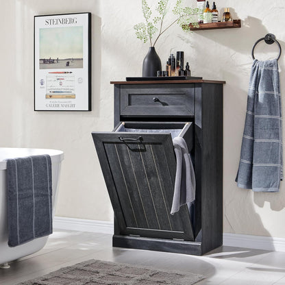 Tilt Out Laundry Hamper Cabinet, 10 Gallon Farmhouse Trash Can Cabinet with Drawer, Hidden Wood Garbage Can Bin Cabinet with Laundry Storage Basket for Bathroom, Kitchen, Dark Grey