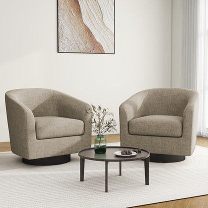 Swivel Barrel Accent Chair, Modern Round Linen Arm Chair for Living Room, Bedroom, Comfy Club Reading Chairs for Adults, Linen Fabric, Light Brown, Set of 2