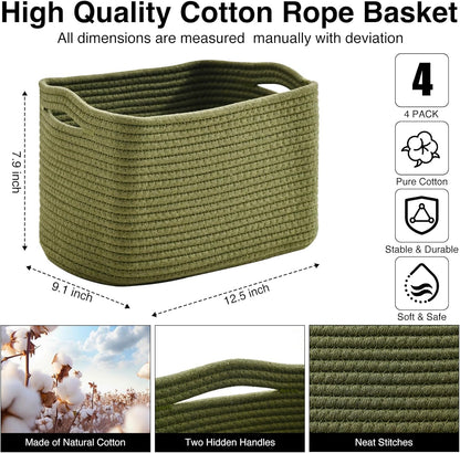 Storage Basket for Shelves, Small Baskets for Organizing, Woven Cotton Rope Baskets for Storage, Book Basket, Decorative Shelf Basket, 12.5"Lx9.1''Wx7.9''H (4 Packs) Green